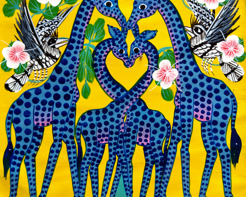 ティンガティンガ 原画 MR•MALIKITA ママアフリカ青 アフリカ絵画『 Blue giraff fam in yellow 』ティンガ×2 by