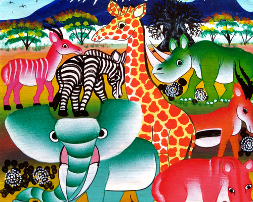 『 Simba 』アフリカ絵画 70*50cm アフリカ絵画『 Tembo family 』ティンガティンガ by Raymond 20