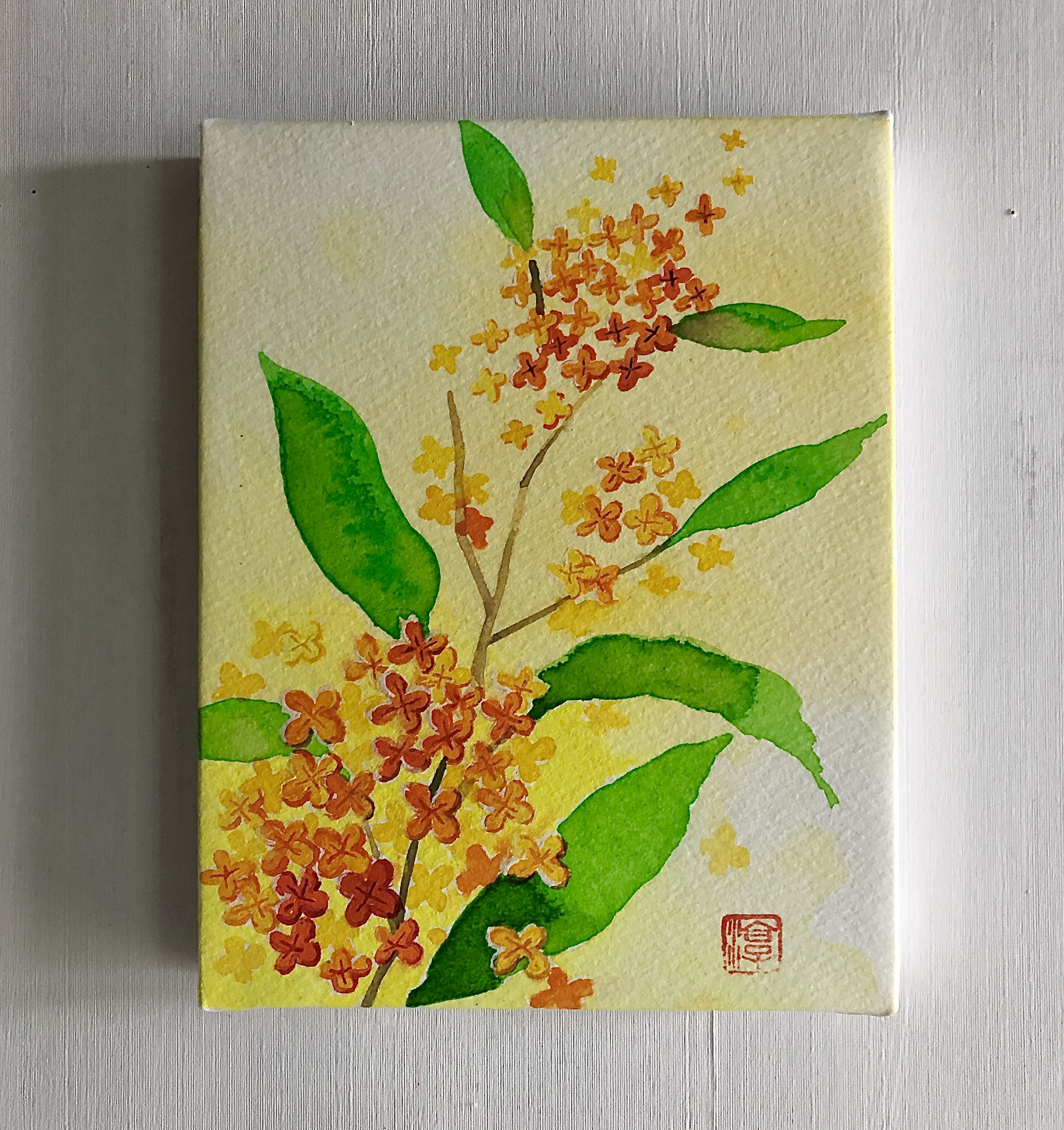 小さな水彩画。 小さな水彩原画パネル（金木犀の花） 絵画 miraclepocket 通販