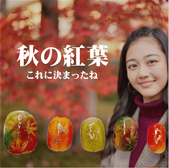 紅葉ネイルチップ 秋 もみじ ショートネイル べっ甲 緑色 赤色 葉っぱ ジェル アート 黄色 上品 高級 つけ爪 短め 7枚目の画像