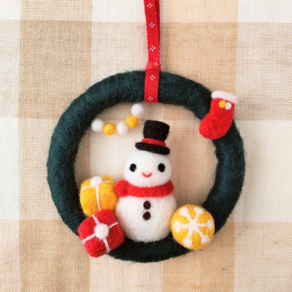 羊毛フェルトのクリスマスリース✤雪だるまグリーン リース フェルト