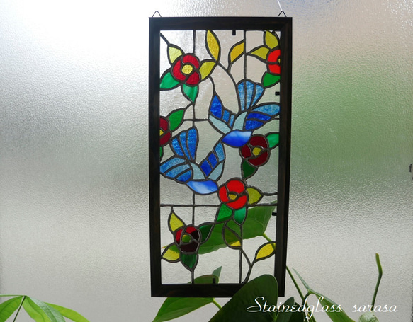✴︎:.｡.豪華　赤いお花と青い鳥のステンドグラスのパネル♪(送料無料） 1枚目の画像