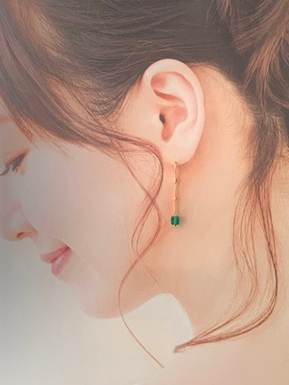 14kgf天然石方耳環綠縞瑪瑙（綠玉髓）【耳環可換】 第10張的照片
