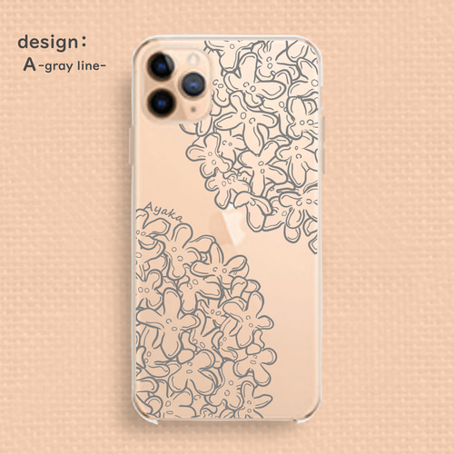 まんまる金木犀のiPhoneクリアスマホケース グレー＆くすみブルー 線画