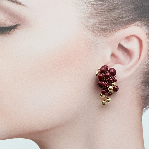 【金x珍珠花束耳環/耳環】紅色 第4張的照片