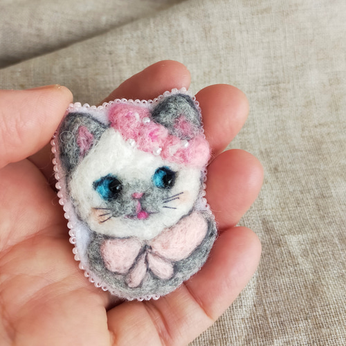 羊毛フェルト ハンドメイド 猫 仲良し3人組 ピンク 硬