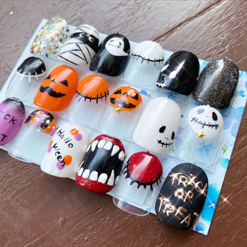 ☆選択式☆ネイルチップ ハロウィン 地雷 量産型 カボチャ おばけ 赤