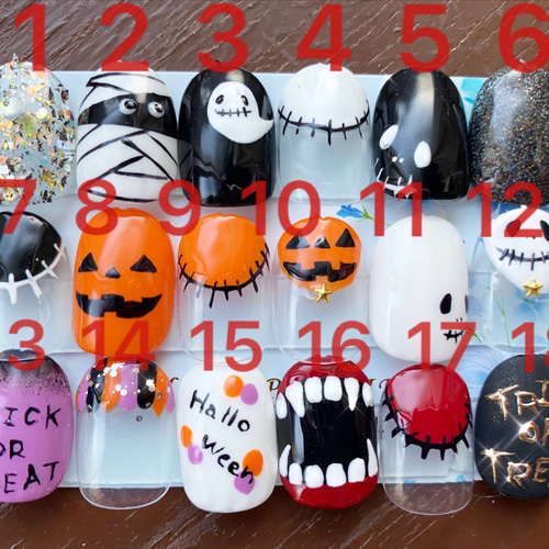☆選択式☆ネイルチップ ハロウィン 地雷 量産型 カボチャ おばけ 赤