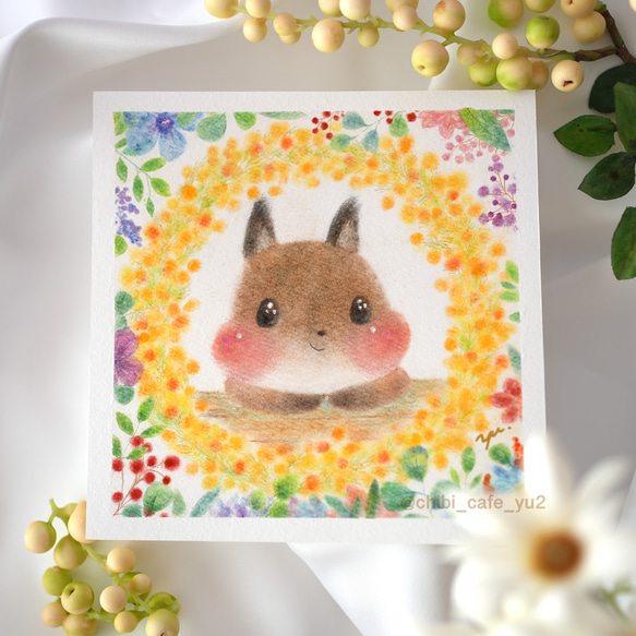 【原画】「お花畑のエゾリスさん」　パステルアート　動物　花　かわいい　イラスト 1枚目の画像