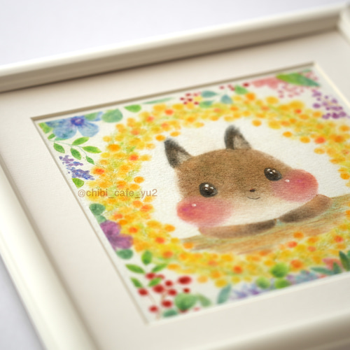 原画】「お花畑のエゾリスさん」 パステルアート 花 かわいい動物
