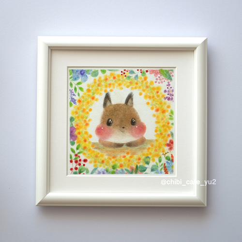 原画】「お花畑のエゾリスさん」 パステルアート 花 かわいい動物