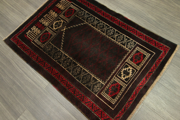 プレイヤーラグ　ミフラブ　オールド手織り絨毯　アフガニスタン　トライバルラグ　部族絨毯　81x113cm　＃986 2枚目の画像