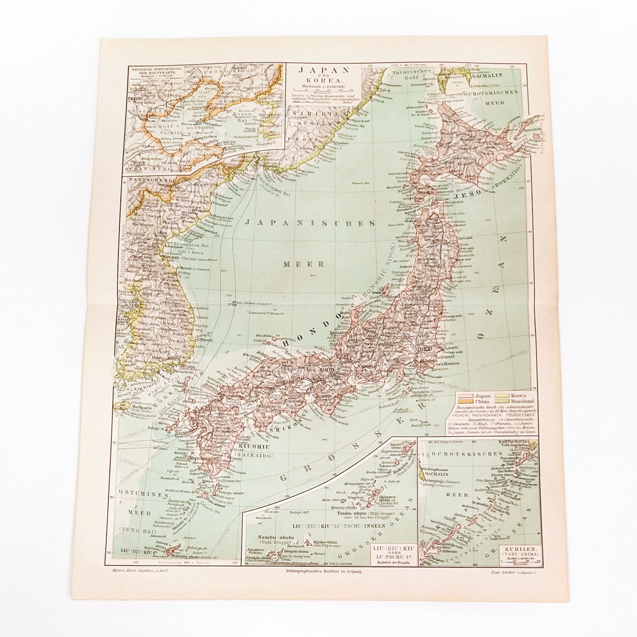 ドイツ百科事典からの日本と韓国の地図 アンティークマップ 古地図 