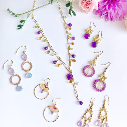 アメジスト、シトリン と淡水パールの14kgfピアス ピアス（フック