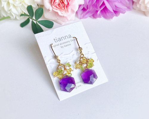 アメジスト、シトリン と淡水パールの14kgfピアス ピアス（フック