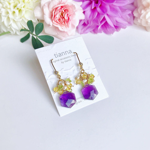 アメジスト、シトリン と淡水パールの14kgfピアス ピアス（フック