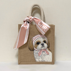 オリジナル シーズー 手描き ジュートバック 鞄 size S ツイリー スカーフ 付 犬 カゴバッグ かごバッグ 1枚目の画像