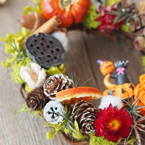 パンプキン＆木の実たくさんの　オレンジハロウィン造花リース 森の贈り物ハロウィンリース＊ハロウィンキャット パンプキン