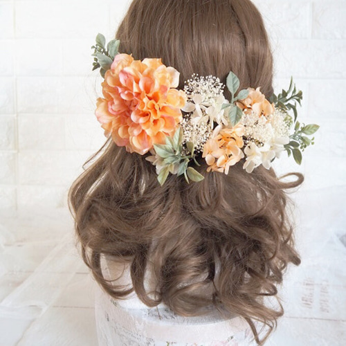 ヘッドドレス～ダリアのオレンジ×クリーム～髪飾り 卒業式 袴 振袖 前撮り ヘッドドレス～ダリアのオレンジ×クリーム～髪飾り 卒業式 袴 振袖 前撮り