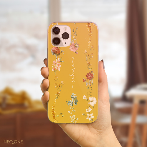 10カラー 名入れ【フラワーラインケース】文字入れ 花 オーダーメイド