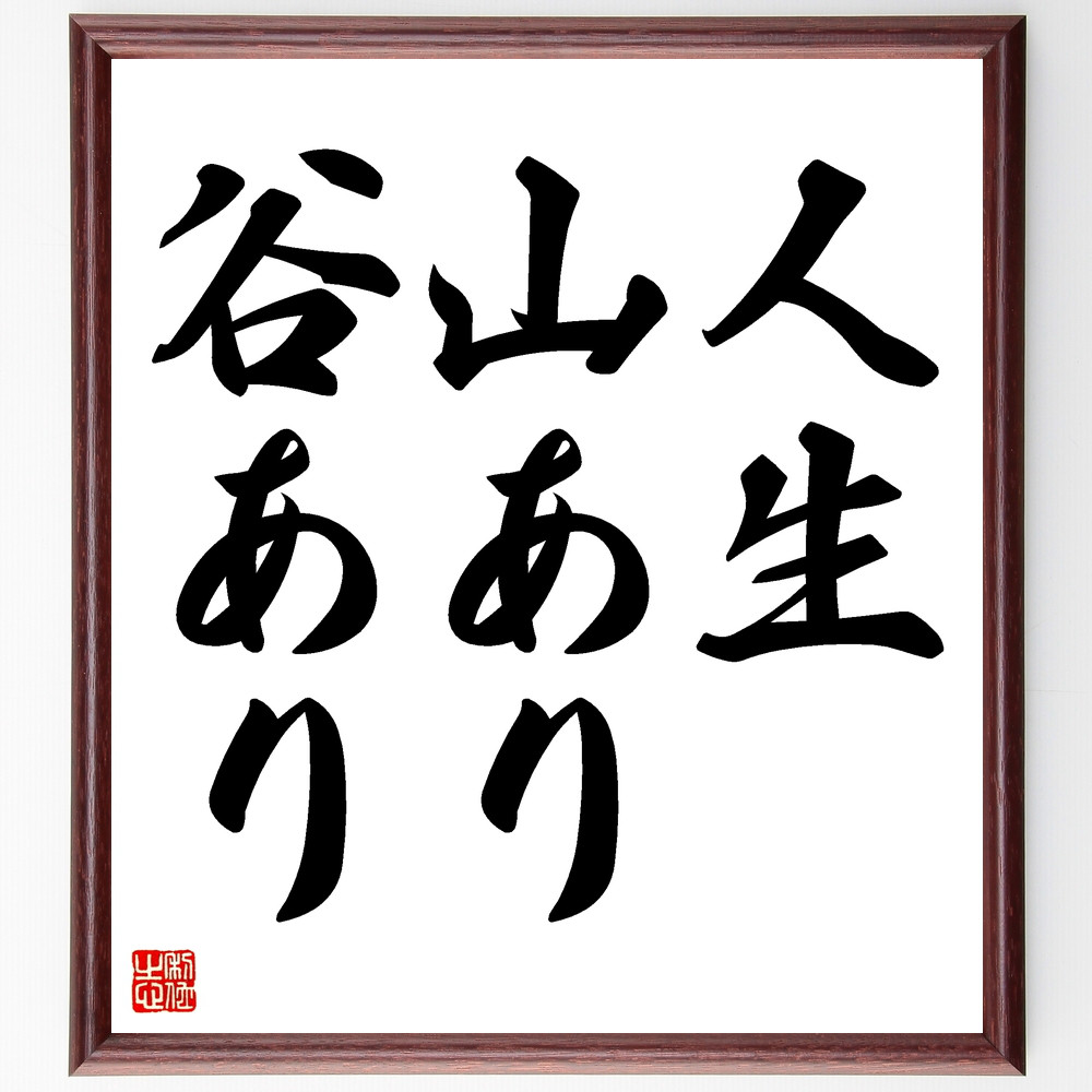名言「人生、山あり谷あり」手書き書道色紙額／受注後の毛筆直筆（Z3781）