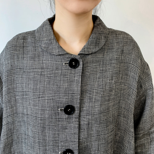 en-en リネン・グレンチェック・ヘチマカラーコート・黒×ベージュ粗目