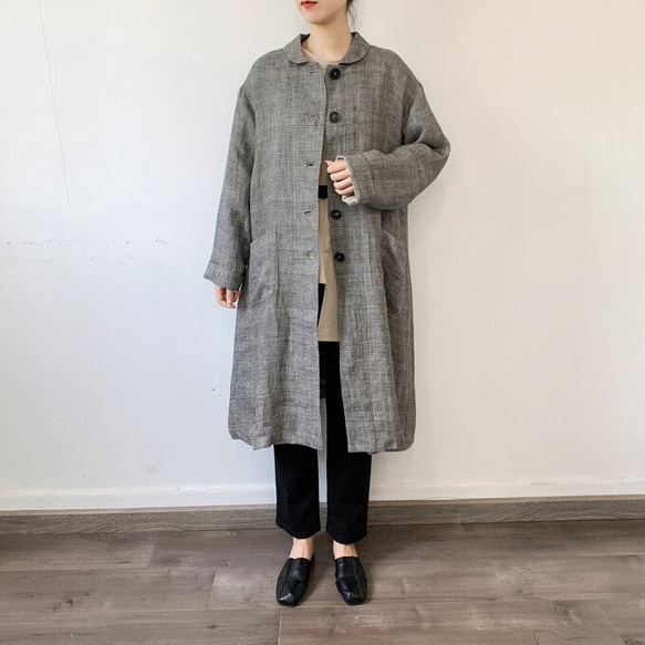 麻 グレンチェックコート- 