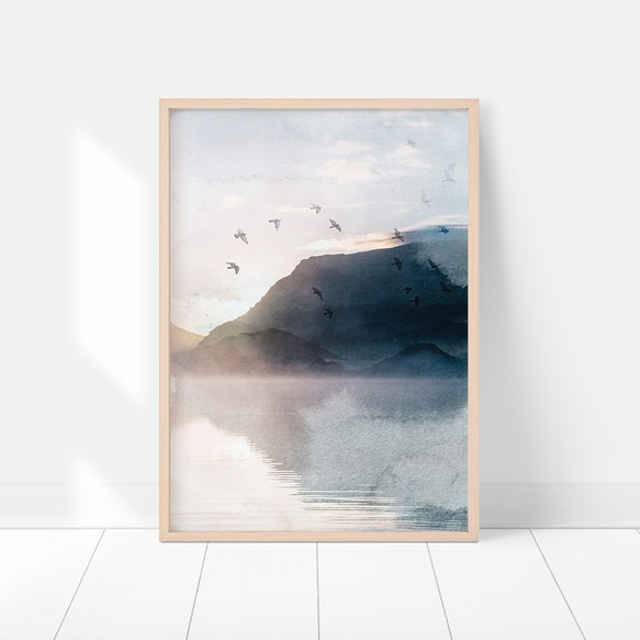 水辺の風景のポスター / i1085 /  水辺に映る山々　鳥の群れ　夜明けの景色 10枚目の画像