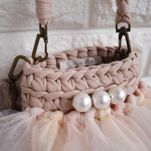 Tシャツヤーン × チュール スマホショルダー スマホポシェット