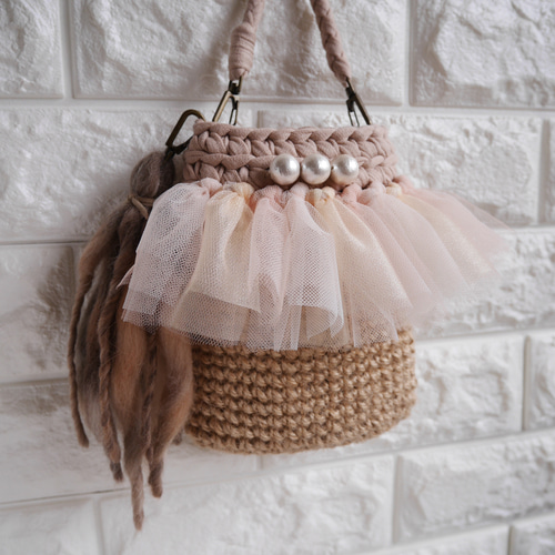 Tシャツヤーン × チュール スマホショルダー スマホポシェット