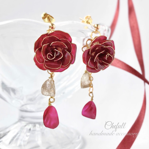 ワインレッドの薔薇』 ピアス イヤリング ノンホールピアス お呼ばれ