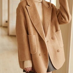 2色　シルク混ウールの上質なハーフコート　ゆったりシルエット【秋冬】キャメル/グレー 3枚目の画像