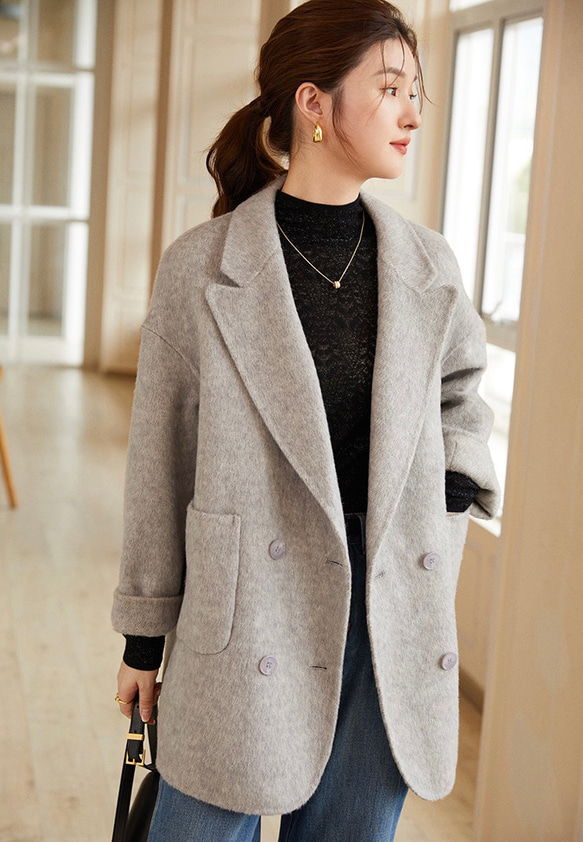 2色 シルク混ウールの上質なハーフコート ゆったりシルエット【秋冬