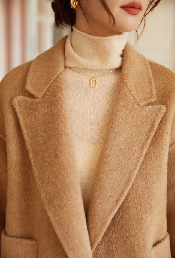 2色　シルク混ウールの上質なハーフコート　ゆったりシルエット【秋冬】キャメル/グレー 4枚目の画像