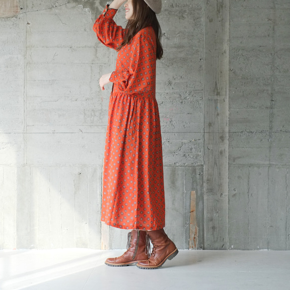 【補貨】秋季外套開襟◎ 2WAY 蒂羅爾圖案長袖連衣裙 (22w-08) 焦糖橙 第3張的照片