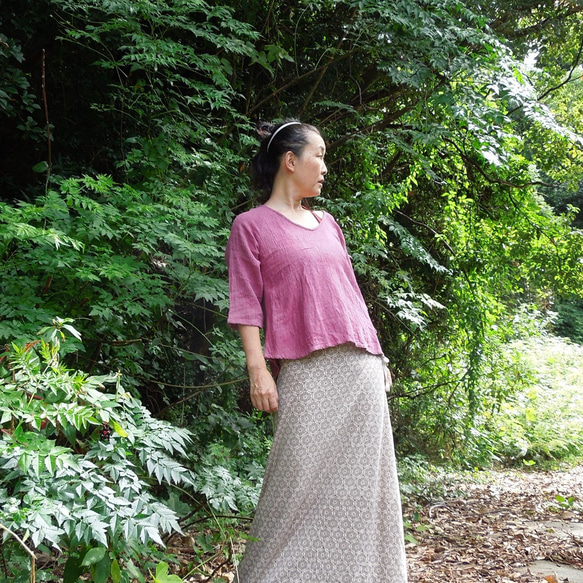 大割引 asana 麻100% ラグラン 七分袖 カットソー○草木染めロータス カットソー(長袖+七分)