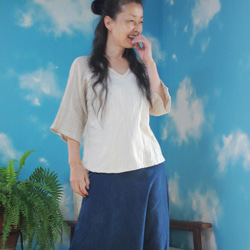 【お取り寄せ】asana 麻100% ラグラン 七分袖 カットソー●藍染めインディゴ 6枚目の画像