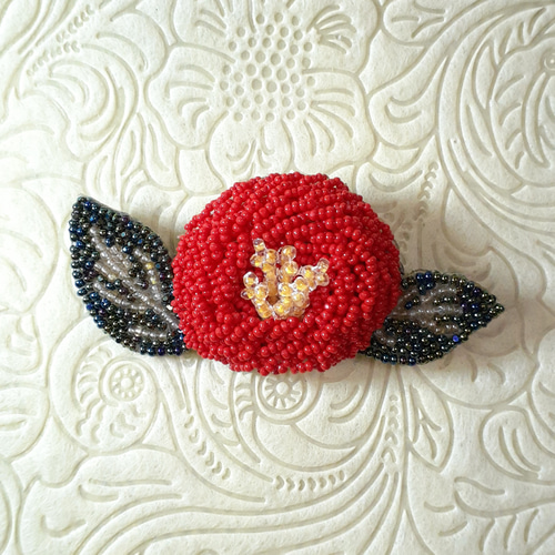 琳派 椿のブローチ(陣屋の椿) ＊オートクチュールビーズ刺繍 ブローチ