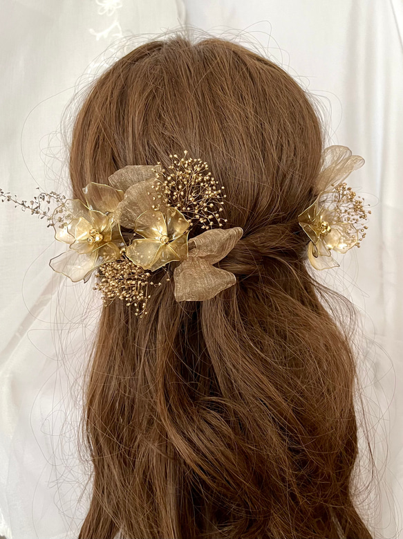 《送料無料》アメリカンフラワー 髪飾り ヘッドドレス 結婚式 成人式 ゴールド 2枚目の画像