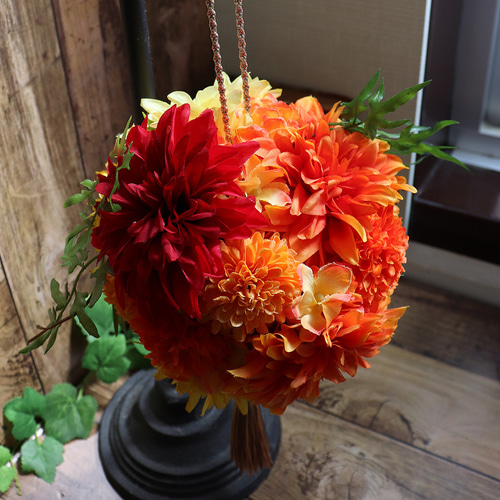 ボールブーケ 和装 橙赤 ウエディングブーケ 前撮り 結婚式