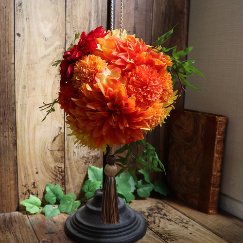 ボールブーケ 和装 橙赤 ウエディングブーケ 前撮り 結婚式