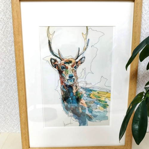 ペン画/水彩画/水彩/アート/動物/絵/鹿/シカ/トナカイ】虹を ペン画/水彩画/水彩/アート/動物/絵/鹿/シカ/トナカイ】虹を
