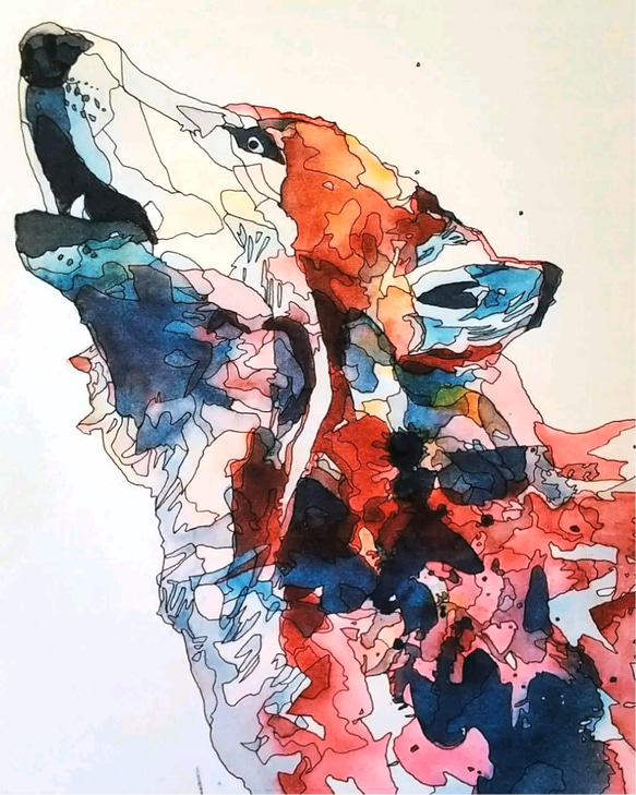 紅蓮の狼】ペン画/水彩画/水彩/アート/動物/絵/オオカミ/狼/犬 紅蓮の狼】ペン画/水彩画/水彩/アート/動物/絵/オオカミ/狼/犬