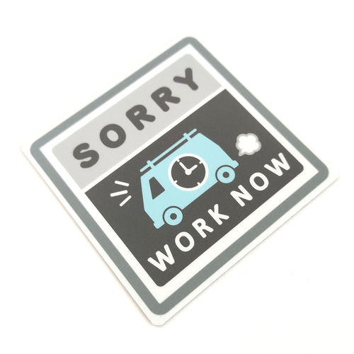 9×9cm【◇SORRY 仕事中 マグネットステッカー/グレー×ブルー】作業中