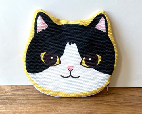 ギン猫　ポーチ Meom オリジナル 白黒猫 猫頭 化粧ポーチ 小物入れ 小銭入れ