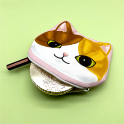 Meomオリジナル 茶と白の猫 ねこ頭 化粧ポーチ 小物入れ 小銭入れ 4枚目の画像