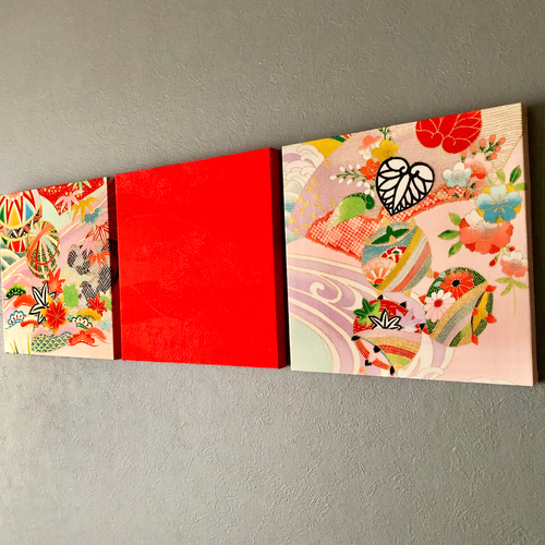 着物のファブリックパネル ハレの日に アンティークピンク（3枚セット