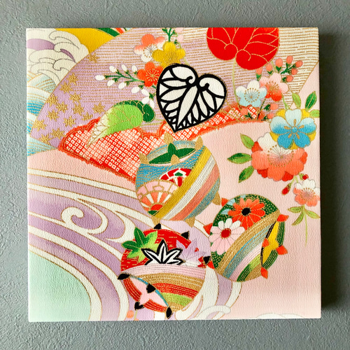 着物のファブリックパネル ハレの日に アンティークピンク（3枚セット