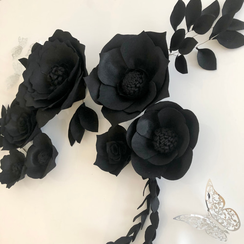 G3お洒落な黒のウォールフラワー7つセット(葉っぱ付き) フェルト製の
