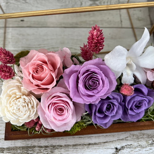 ガラスケース入り プリザーブドフラワー ピンク&ラベンダー